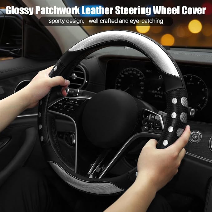 Hiseanllo Car Steering Wheel Cover, 14.5-15 Inch Universal Fit, Sporty Anti-Slip Leather Steering Wheel Protector with Glossy Color Accent, Comfortable Grip for Cars, SUVs, Trucks(Silver)