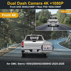 Dual 4K+Rear 1080P Dash Cam Adapts for GMC Sierra 2020-2026 (HD2-4925, Check Vents Amount), OEM Look, 2 Way HD Video, WiFi & APP, Loop Recording, G-Sensor, Easy to Use, 2 Cables/128GB Card