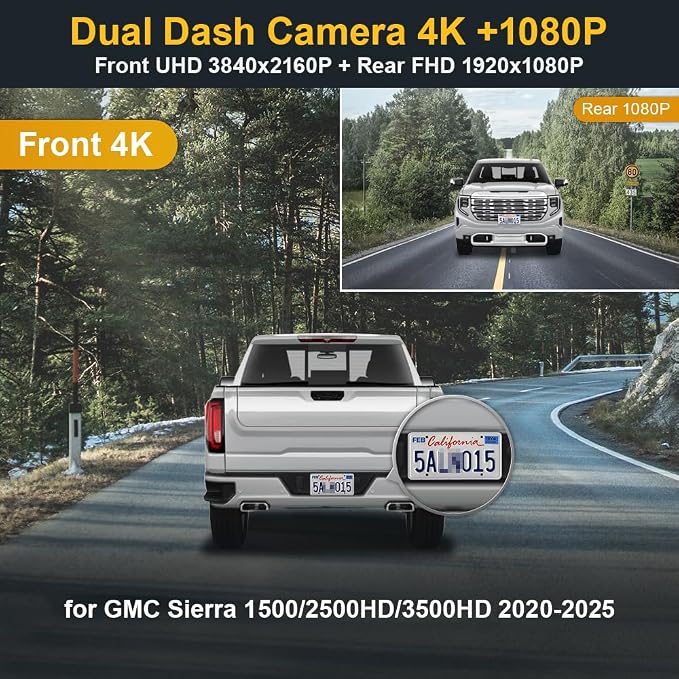 Front 4K+Rear 1080P Dash Cam Adapts for GMC Sierra 2020-2026 (HD2-9135, 5 Vents at Front), OEM Factory Look, 2 Way HD Video, WiFi & APP, Loop Recording, G-Sensor, Easy to Use, 128GB Card