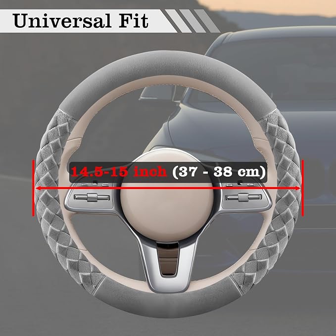 Premium Gray Diamond Patterned Plush Steering Wheel Cover, for Universal Auto Steering Wheel 14.5-15 in, Short Fluffy, Anti-Slip, Soft Plush, Comforting and Luxurious, Odorless, Soft Texture