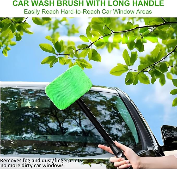Car Windshield Cleaning Tool, Windshield Cleaner with 5 Washable and Reusable Microfiber Pads and Extendable Handle, for Auto Glass Wiper (Green)