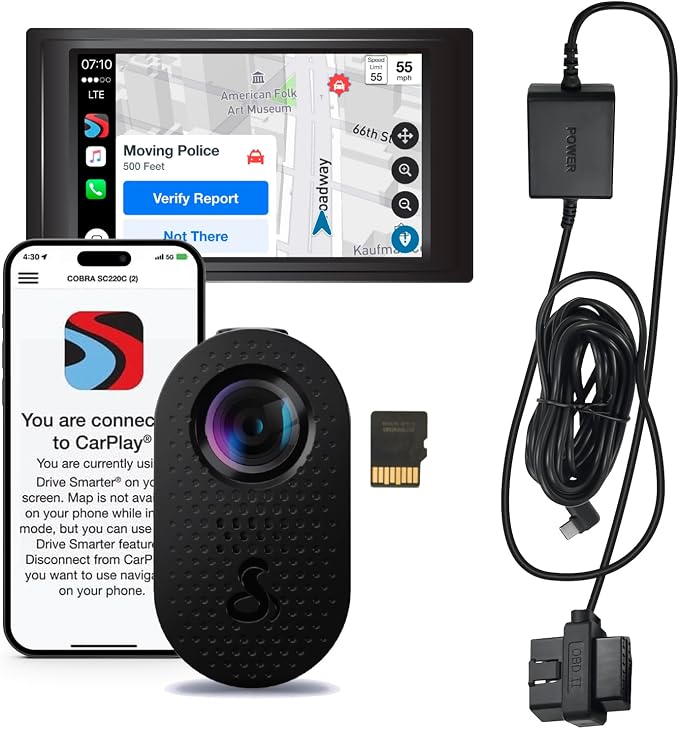 Cobra SC120 Dash Cam + Cobra 2.5A DIY Hardwire Kit - OBDII Port to USB-C/Micro-USB with 15ft Cable