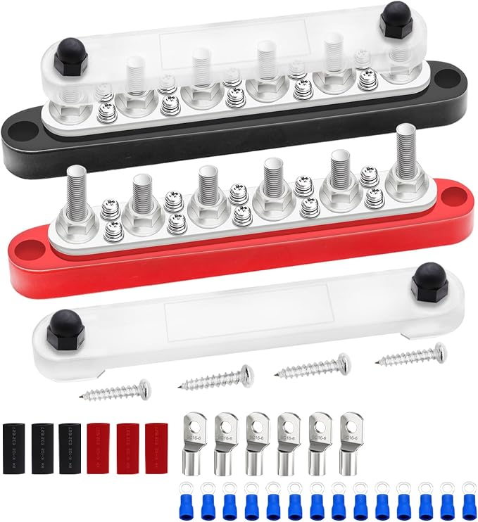 250A Bus Bar 12V Marine 1/4" Power Distribution Block Automotive Busbar Terminal Block,Battery Buss Bar (Pair, Red & Black) 6 x 1/4"+10 x #8 Screws Terminals