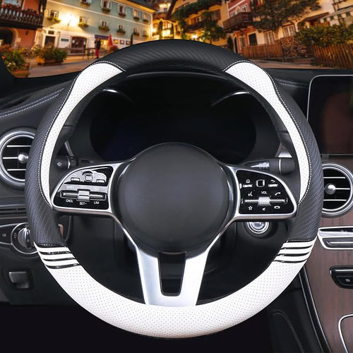 14 inch Cute Steering Wheel Cover for Women Men Faux Leather and Carbon Fiber,Black and White