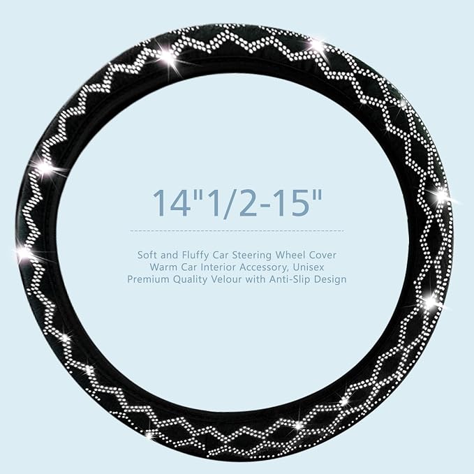 Bling Rhinestone Steering Wheel Cover with Crystal Diamond for Women, Sparkling Car Wheel Protector Universal Fit 15 Inch (Black with White Diamond, Standard Size(14"" 1/2-15"" 1/4))