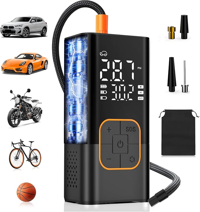 Tire Inflator Portable Air Compressor, Cordless Car Tyre Pump with Digital Dual Values Display, 150 PSI Bike Tires Air Pump with LED Lights&Pressure Gauge for Auto/Bicycle/Motocycle/Balls