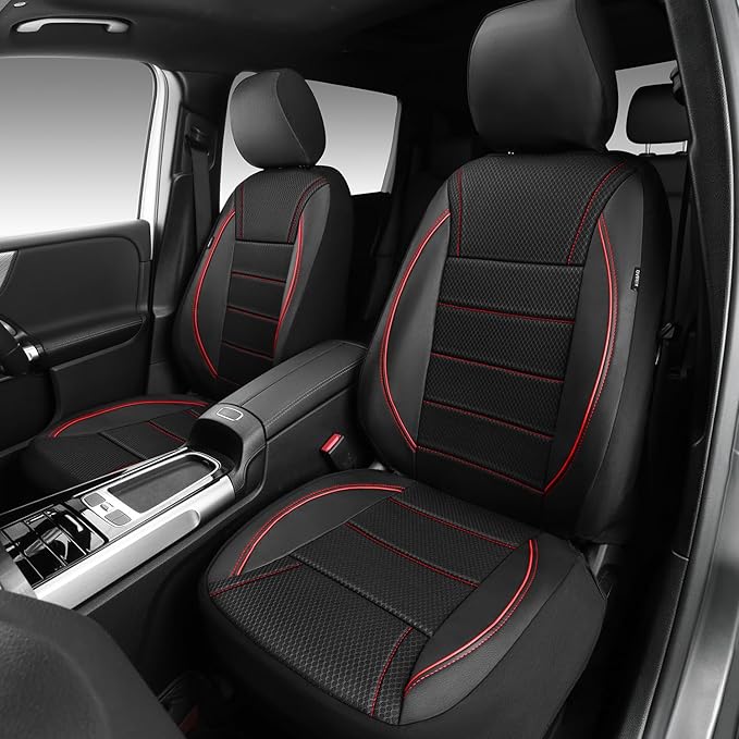Air Mesh Leather Car Seat Covers Front Seats, Breathable Two Front Seat Covers for Cars, Comfortable Universal Fit for SUV Truck Sedan Automotive, Anti-Slip Airbag Compatible,Black and Red