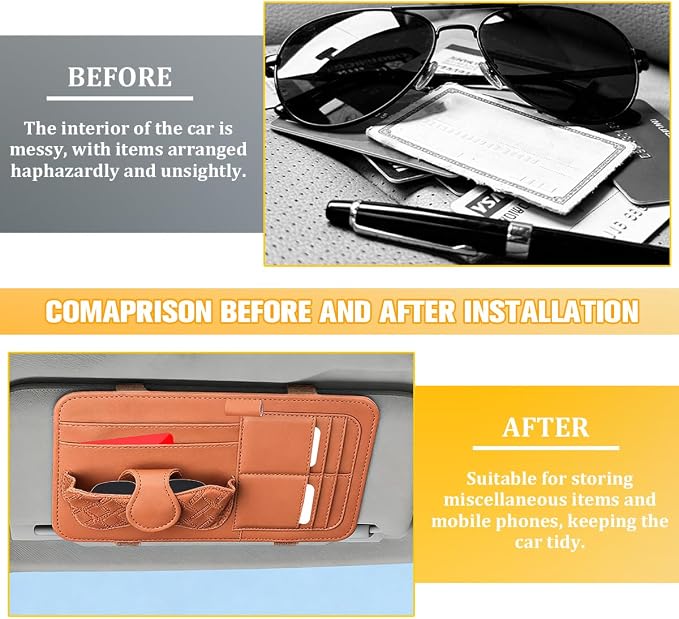 Car Sun Visor Organizer, Multifunctional Visor Storage Pouch with Sunglasses Holder & Card Sleeve Pocket, Auto Interior Organizer Pocket Bag for Pens Cards Documents, Universal Fit (Brown)
