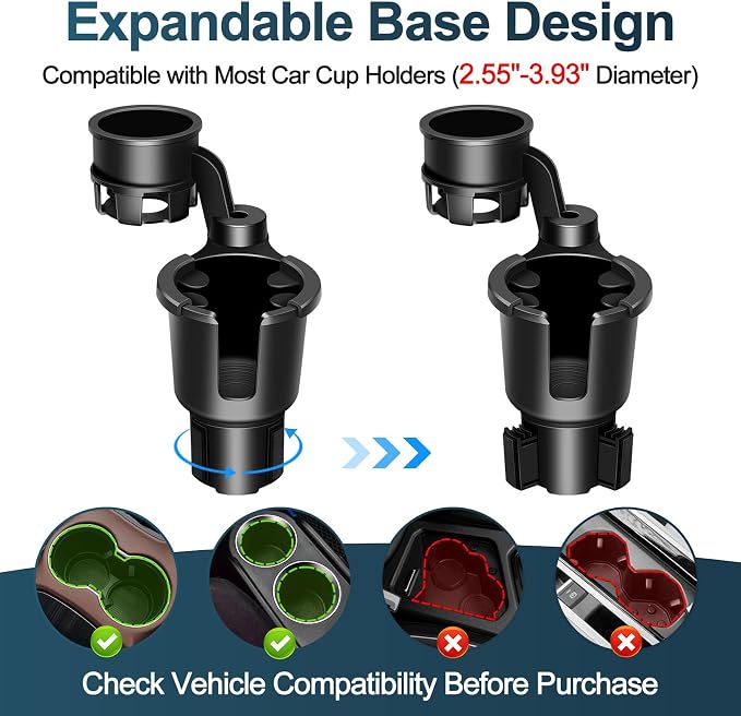 Car Cup Holder Expander, Cup Holder Expander, Cupholder Expander with Adjustable Extension Base and 360° Rotation Design, Fits Mugs, Cups, Large Water Bottles in 2.9"-3.8" (10-46oz), Black