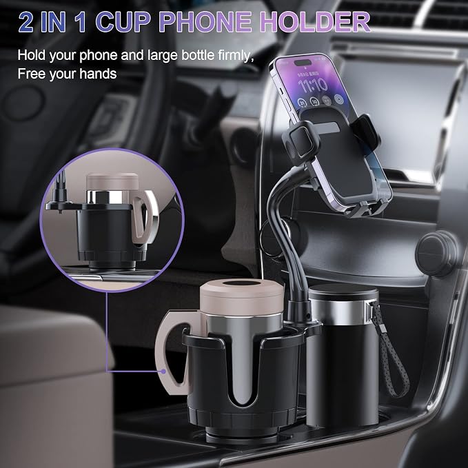 JINKEY Cup Holder Phone Mount, 360°Rotation Gooseneck Car Cup Holder Expander with Cell Phone Holder with Adjustable Base Phone Cup Holder for Car Compatible with iPhone & All Smartphones