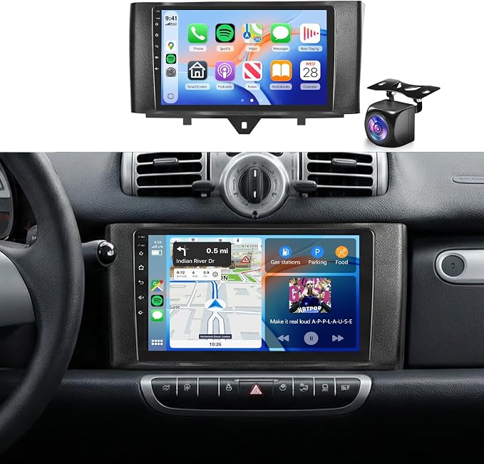 4G+64G Car Radio Stereo for Mercedes Benz Smart Fortwo 2011-2015, 9inch IPS Touch Screen/Android 15/Wireless CarPlay/Android Auto/32 EQ/GPS/WiFi/5.0Bluetooth/FM/RDS/SWC/AHD Backup Camera