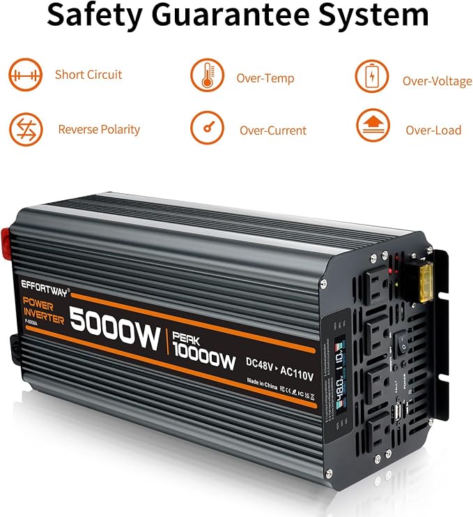 Power Inverter DC 48V to AC 110V/120V Converter with LCD Display, Wireless Controller, Cable Pair,AC outlets USB.RV Travel,Suitable for Camping,and Off-Grid Solar Systems (5000w -48v)