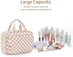 Travel Toiletry Bag for Women Large Hanging Makeup Bag Organizer Toiletries Bag for Full Size Essentials Accessories Cosmetics (Light Checkerboard (Large))