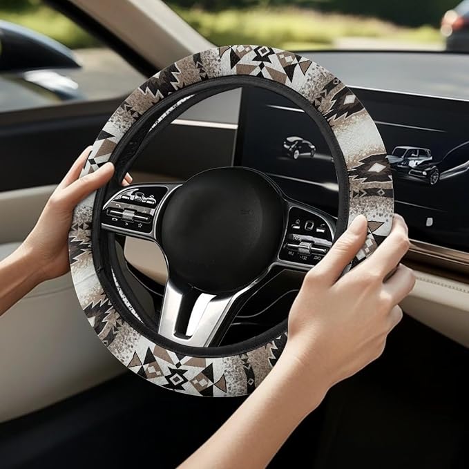Southwestern Aztec Brown Auto Steering Wheel Cover Universal 15 Inch Diameter Anti-Slip Neoprene Car Steering Wheel Protector for Women Men