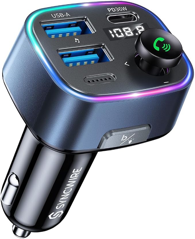 Bluetooth 5.4 FM Transmitter Car Adapter 48W(PD 36W & 12W) [Light Switch] [Hi-Fi Deep Bass] [Fast Charging] Wireless Radio Music Adapter LED Display Hands-Free Calling Support USB Drive