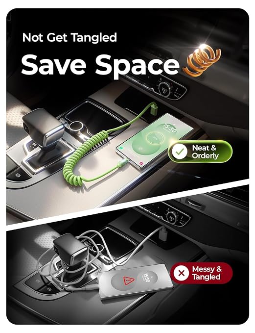 Coiled USB C Cable, 2 Pack for Android Auto & CarPlay Cable, Short USB A to USB C Cable Compatible with iPhone 17/16/15, Samsung Galaxy S25/S24/S23 A15/A14, Google Pixel 9/8, Green 4FT
