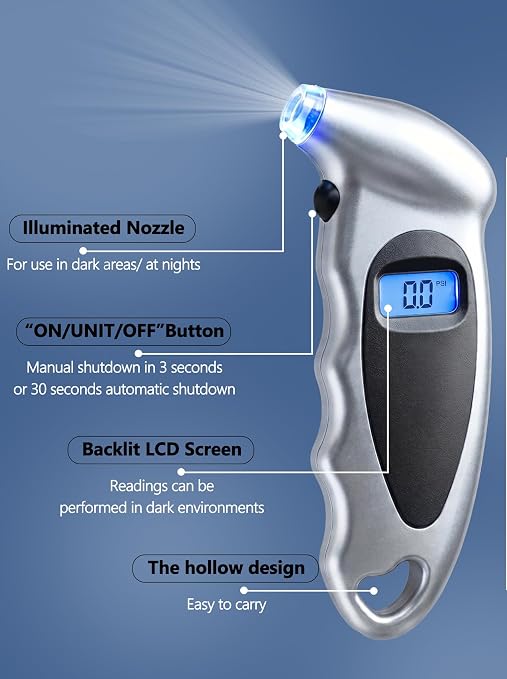 Digital Tire Pressure Gauge 150 PSI, Accurate in 0.1 Increments,1 Pack Tire Pressure Gauge with Backlight LCD, 4 Units (PSI/Bar/Kgf/cm²/KPA) Applicable to Car Truck Bicycle, Silver