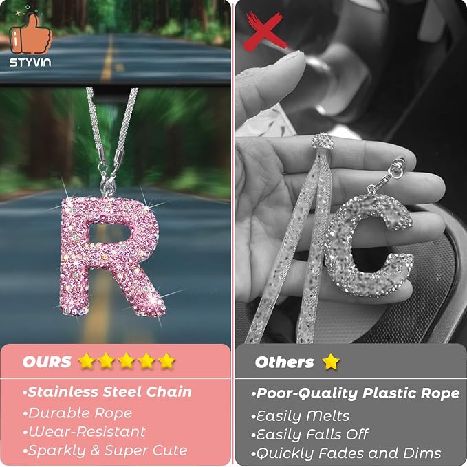 Bling Pink Car Accessories for Women Letter Charm, Rainbow Color Rear View Mirror Cute Crystal Pendant Car Decorations, Lucky Gifts Girly Diamond Rhinestone Charm Letter R