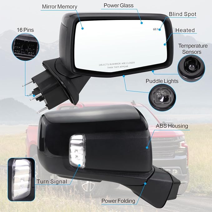 Right Passenger Side Mirror Compatible With 2019-2025 Chevy Silverado 1500 With Power Folding Heated Turn Signal Puddle Lights Memory Temperature Sensor Blind Spot Black Replace#84898868(16Pins)