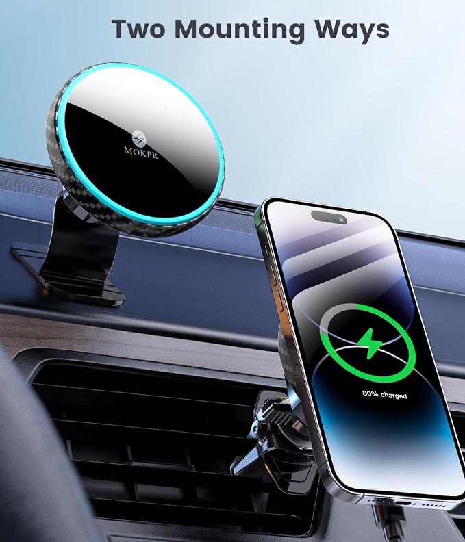 for Magnetic Car Mount Charger-15W Wireless Car Charger-Magnetic Car Phone Holder for Dash Air Vent-LED RGB HandsFree Car Mount Fast Car Charger for iPhone 14/13/12 Series Carbon Fiber