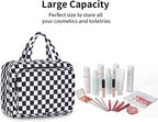 Hanging Toiletry Bag for Women Travel Makeup Bag Organizer Toiletries Bag for Travel Size Essentials Accessories Cosmetics (Black Checkerboard (Medium))