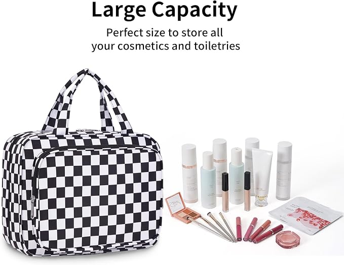 Hanging Toiletry Bag for Women Travel Makeup Bag Organizer Toiletries Bag for Travel Size Essentials Accessories Cosmetics (Black Checkerboard (Medium))