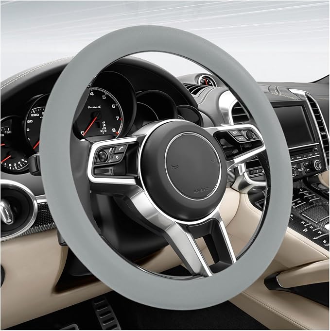 Car Steering Wheel Cover, 13 to 14.17 inches Anti-Slip Silicone Steering Wheel Protector, Soft Flexible Shock-Absorbent Steering Wheel Protective Cover for Most Car Models (Gray)