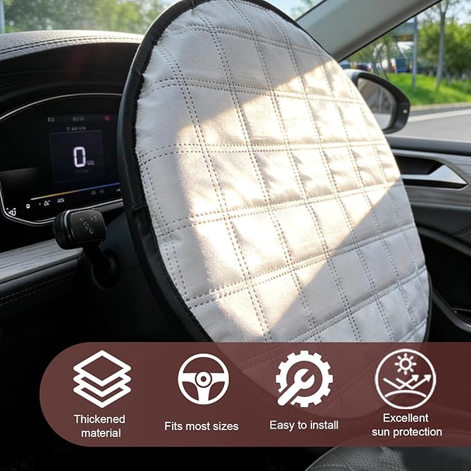 1 PC Car Steering Wheel Sun Shade, 16.93" Aluminum Foil Material Car Driving Handle Cover, Thickened Slip-on Steering Wheel Sunshade Protector, Universal for Most Cars SUVs Trucks (Silver)