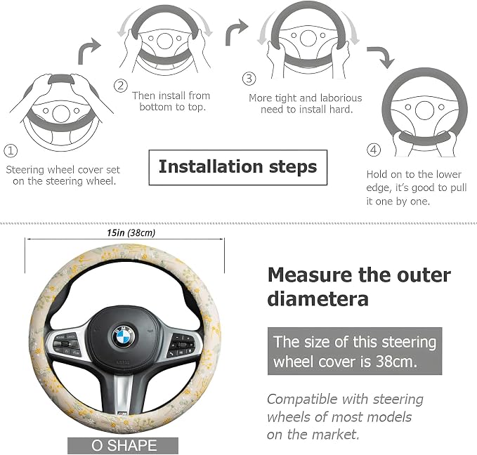 Beige Spherical Flowers Steering Wheel Cover Auto Embroidery Steering Wheel Protector, Anti-Slip, Breathable, Absorbing Sweat, Universal Car Accessories 14.5–15 inch,Fit for Most Car, Trucks, SUV