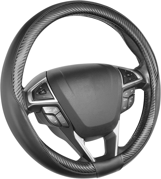 Car Steering Wheel Cover Universal Standard-Size 14 1/2"-15" Leather with Carbon Fiber Pattern Black