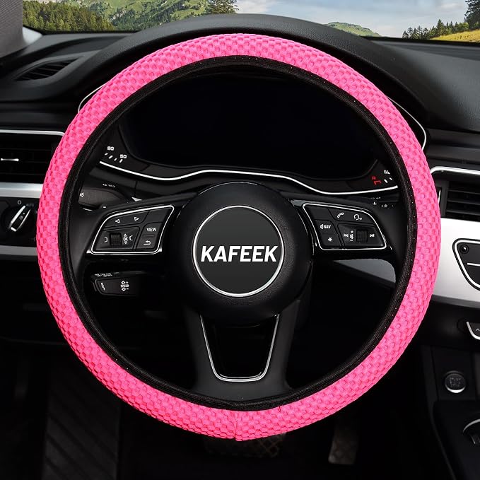 Elastic Stretch Steering Wheel Cover 15 Inch, Breathable Ice Silk Microfiber, Non-Slip Grip, Warm in Winter and Cool in Summer, Odorless, Car Accessories Fit Cars, SUVs, Rose Red