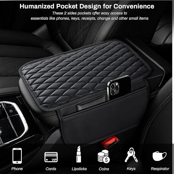 Car Center Console Cover, Upgraded Microfiber Leather Car Arm Rest Cover with 2 Storage Bags, Universal Armrest Cover for Car Storage Box Car Interior Accessories Protector for Most Vehicle
