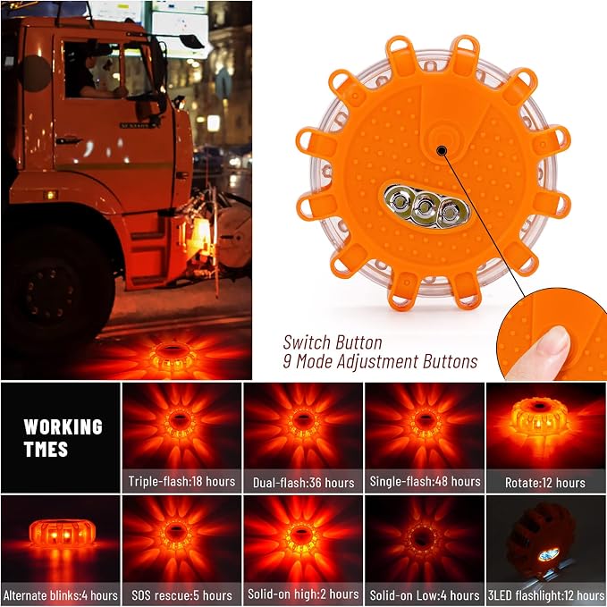 GP906B Rechargeable LED Road Flares Emergency Lights Kit Roadside Warning Car Traffic Safety Beacon Flashing Disc Flare 9 Modes Strobe with Magnetic Base for all vehicles，6 Pack