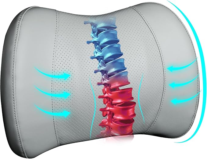Lumbar Support Pillow for Car, Car Seat Back Support for Driving | Memory Foam Car Lumbar Support for Driving Seat, Car Back Cushion, Adjustable Straps, Lower Back Pillow, PU Leather, Gray