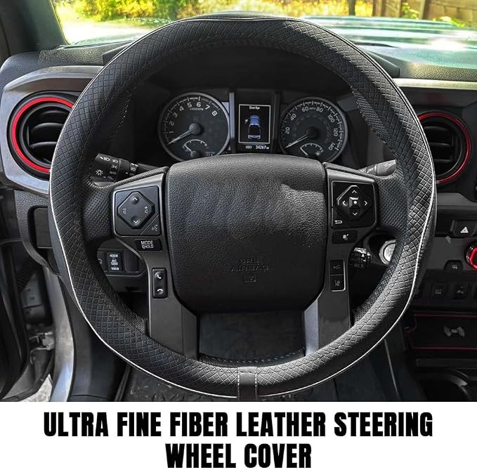 Car Steering Wheel Cover, Durable Leather Cover with Anti-Slip Lining, Breathable Auto Wheel Cover Protector, Universal 15 Inch Anti-Slip Steering Wheels for Men & Women (Black White)