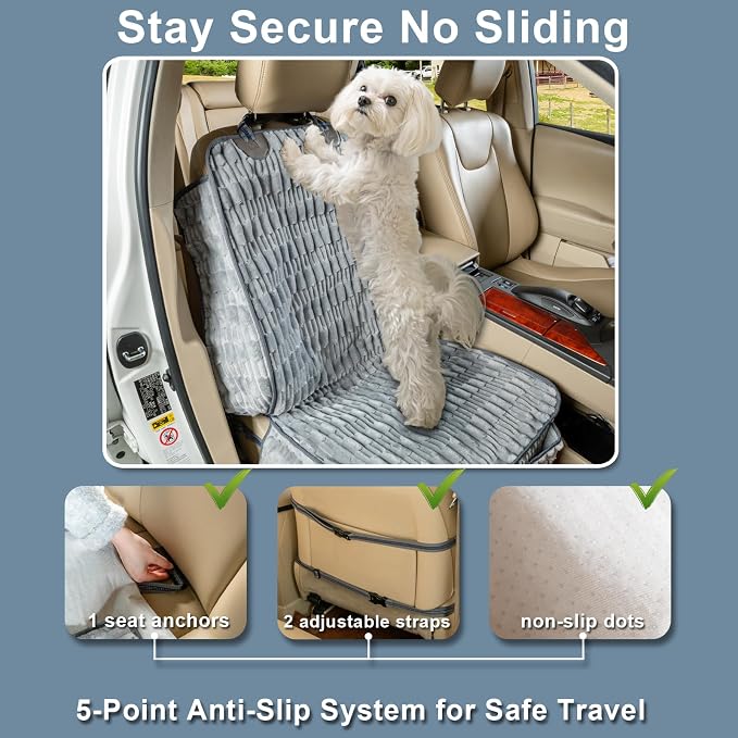 Dog Car Seat Cover for Front Seat, Soft Plush Waterproof Pet Protector with Non-Slip Bottom, Full Coverage with Side Flaps, Against Hair, Dirt and Scratches for SUVs and Trucks (Grey, Front)