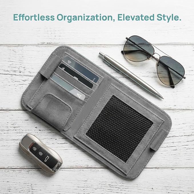 Car Sun Visor Organizer, Multi-Pocket Vehicle Sun Visor Storage Pouch with Sunglasses Clip, Auto Interior Sunshade Eyeglasses Card Holder Organizers, Universal for SUV Sedan Truck (Gray)