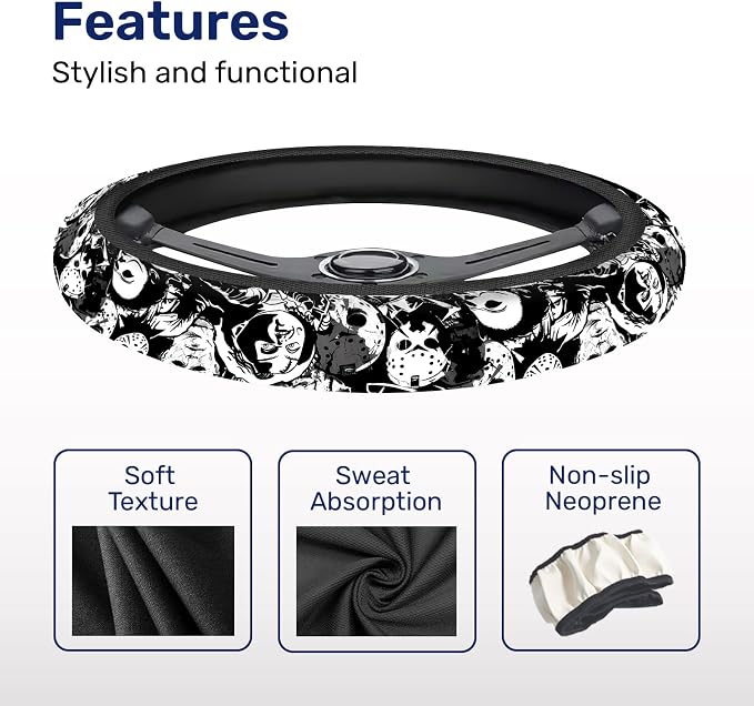 Black White Horror Steering Wheel Cover, Polyester Non-Slip Car Wheel Grip, Universal 15 Inch Auto Accessory