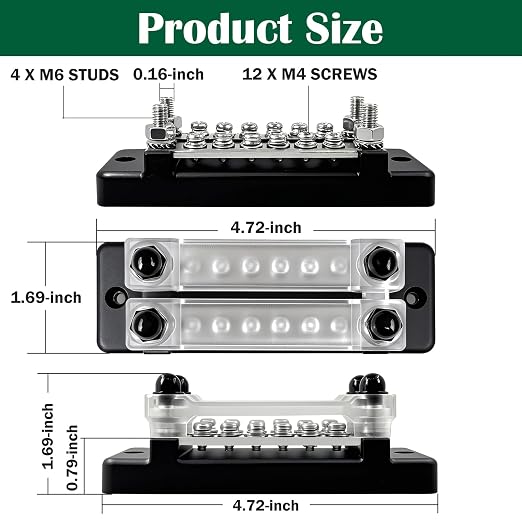 150A Double-Row Busbar Power Distribution Block 12V Bus Bar with Ring Terminals, 304 Stainless Steel Marine Terminal Block and Ground Buss Bar Kit, 4 x M6 Stud, 12 x M4 Screw
