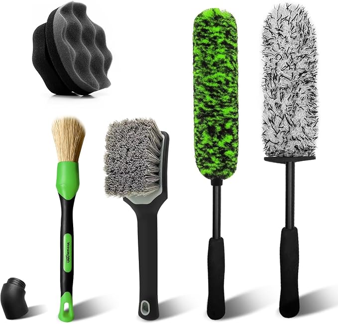 5PCS Pro Wheel Detailing Kit | 360° Bendable Rim Cleaner Brush, Premium Boar Hair Brush & Tire Shine Applicator | Microfiber Scratch-Free Wheel and Tire Brush Set for Cleaning Wheels,Tires
