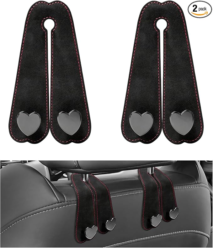 2 PCS Car Seat Headrest Hook, Suede Heart Shape Auto Double Seat Back Purse Storage Hook, Cute Backseat Organizer Universal Bag Holder Most Vehicles, Car Accessories (Black)
