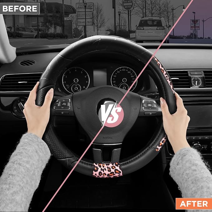 Steering Wheel Cover - Made with PVC Leather and Leopard Fabric - Universal 14 1/2 inches to 15 inches for Most Automotive Steering Wheel - Cheetah Print - Pink Leapord
