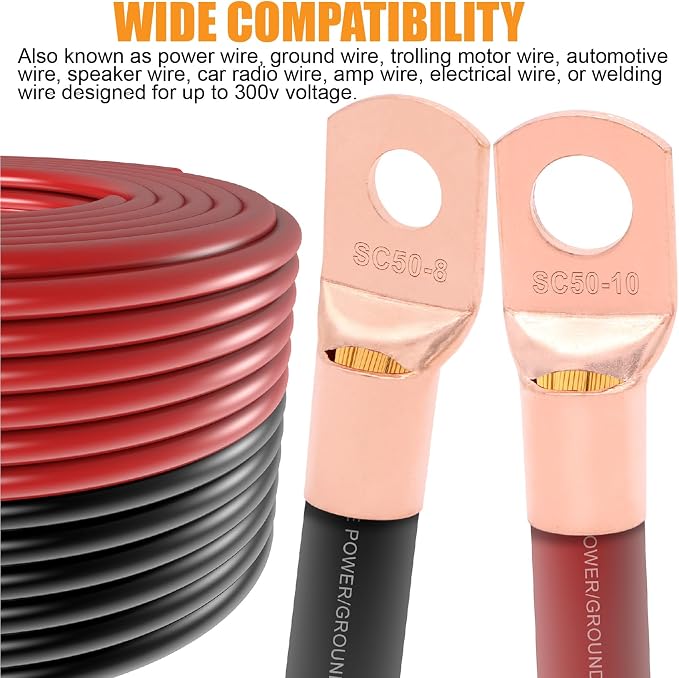 40FT 0 Gauge Wire Copper Clad Aluminum,1/0 Battery Cable Wire,Lugs Terminal Connectors,Heat Shrink Tubing,40FT 1/2 PET Expandable Braided Sleeving,Cable Sleeve