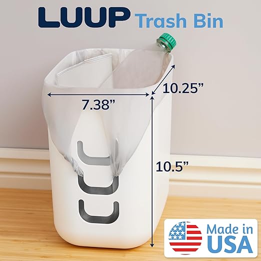 Luup Trash Can (White) - Reuse Grocery Bags - Plastic Garbage Container for Bathroom, Vanity, Laundry Room, Kitchen, Office, Garage - 2.5 Gallon Wastebasket with Hooks to Secure Trash Bags