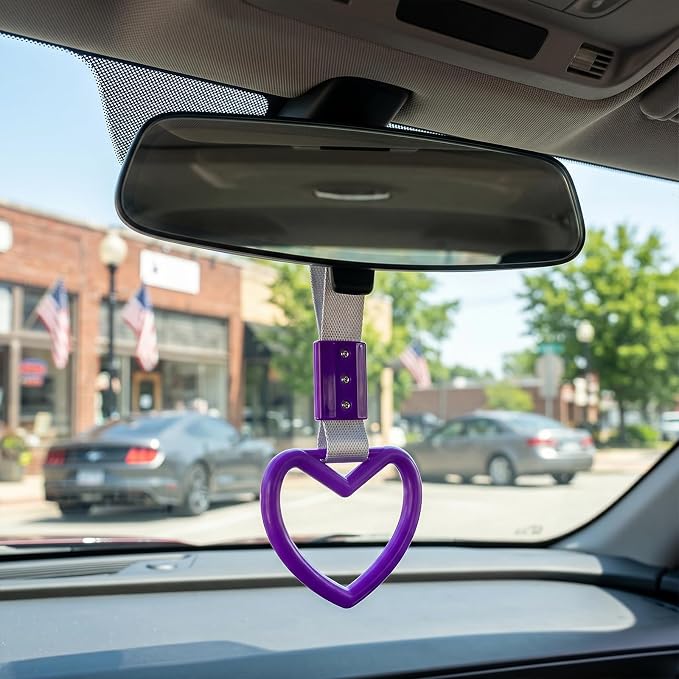 2 Pcs Heart Shaped Car Handle Strap – JD M Drift Charm Rear Bumper Warning Ring Decor for Car Interior Exterior, Subway Bus Handle Accessory, Cute Heart Car Decor Gift for Drivers (Purple-Silver)