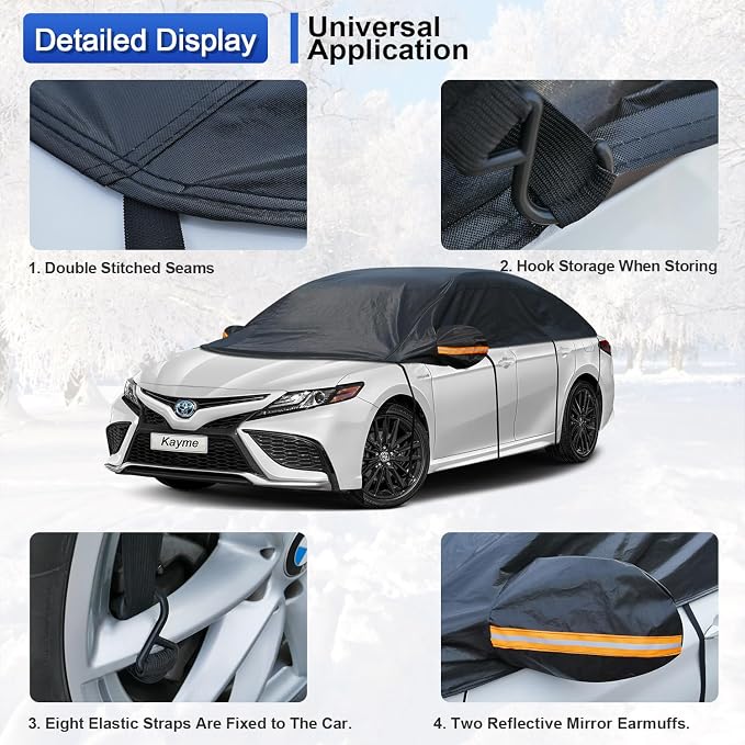 Half Car Cover, Windshield Cover for Ice and Snow Top with Reflective Straps, Roof Cover Waterproof All Weather Dust, Sun Protection. Front Rear Window Cover Fit Sedan. 3L (UP to 127'')