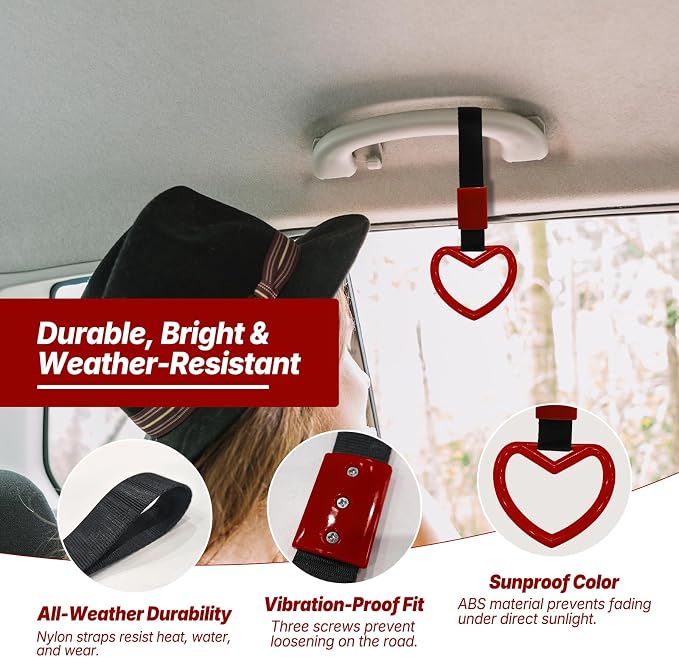 2 Pcs Heart Shaped Car Handle Strap – Drift Charm Rear Bumper Warning Ring Decor for Car Interior Exterior, Subway Bus Handle Accessory, Cute Heart Car Decor Gift for Women & Men (Red)