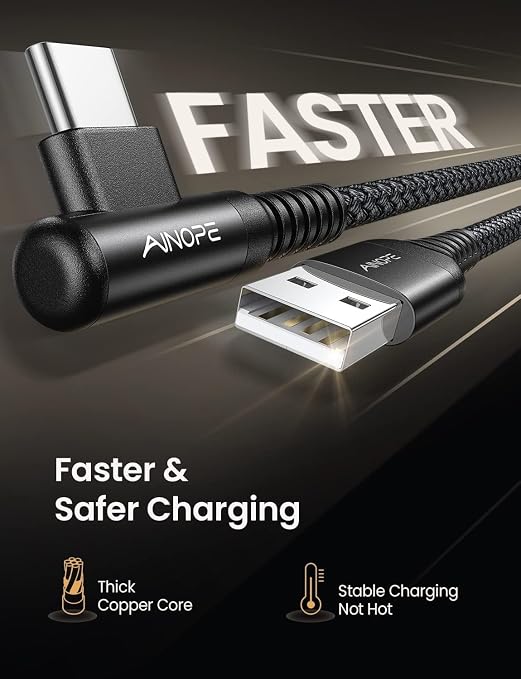 AINOPE Right Angle USB Type C Cable [3-Pack 3.3ft/6.6ft/10ft] 3.1A Fast Charging USB to USB C Cable, Nylon Braided USB C Charging Cable Compatible with Galaxy S21+ Ultra, iPad mini/Air/Pro, Pixel 6X