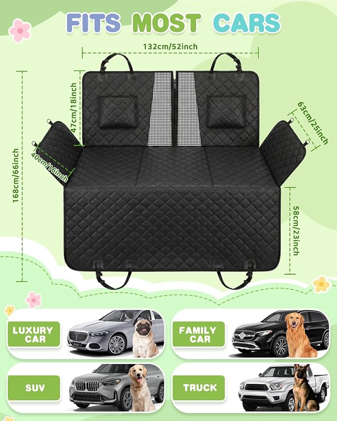 Back Seat Extender for Dogs, Dog Car Seat Cover with Detachable Hard Bottom Holds 440 LB, 600D Heavy Dog Seat Cover with Seatbelt, 100% Waterproof Backseat Extender for Sedan SUV Truck