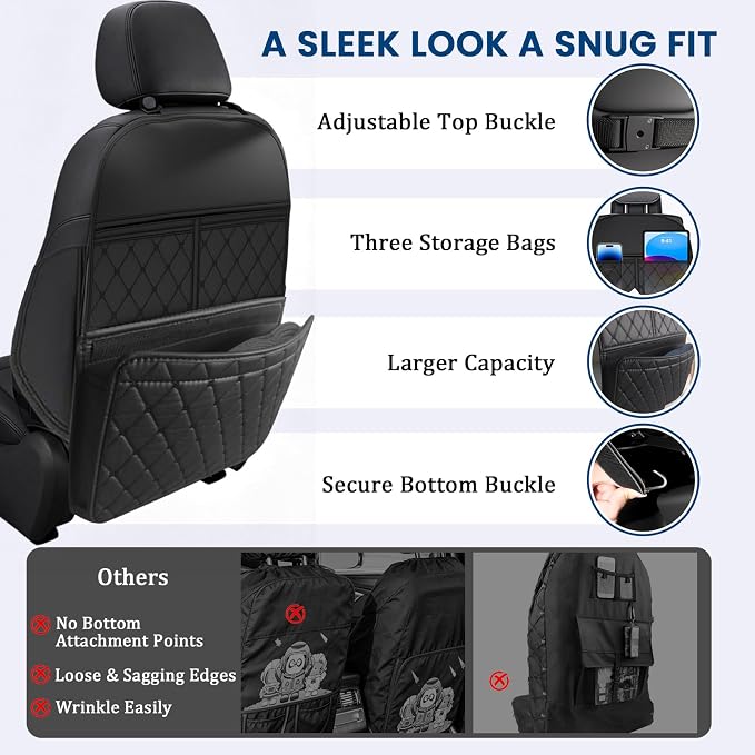 2 Pack kick mats back seat protector, backseat car organizer protectors for back of front seats, 30"X17" Car Seat Protectors for Under Child Seats, Waterproof Back Seat Cover with 3 Large Pocket